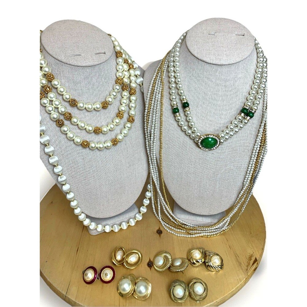 Vintage Faux Pearl Jewelry Lot 10PC Old Money Glam Gold Tone Earrings Ring